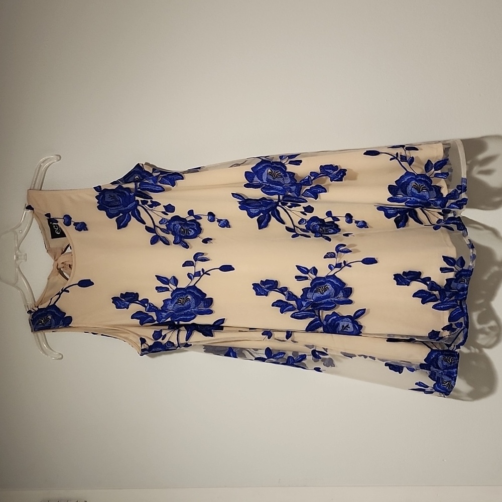 ECI New York Beige with Blue Roses Ladies Midi Length Swing Dress